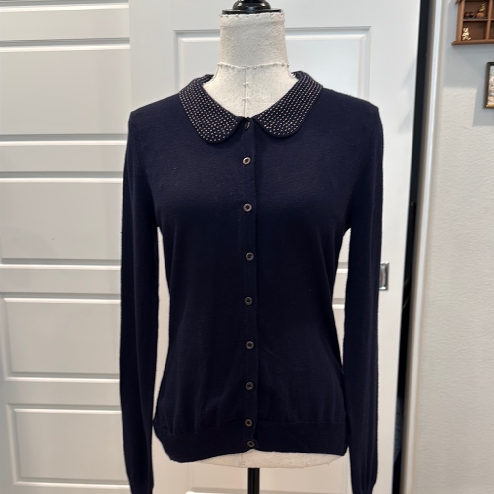 Navy Blue Sweater with Embellished Collar